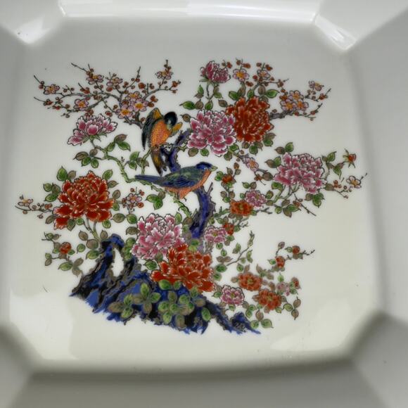 Toyo Japan Porcelain Plate Square 10” Birds Floral Hand Painted Style Gold Trim - Picture 2 of 5